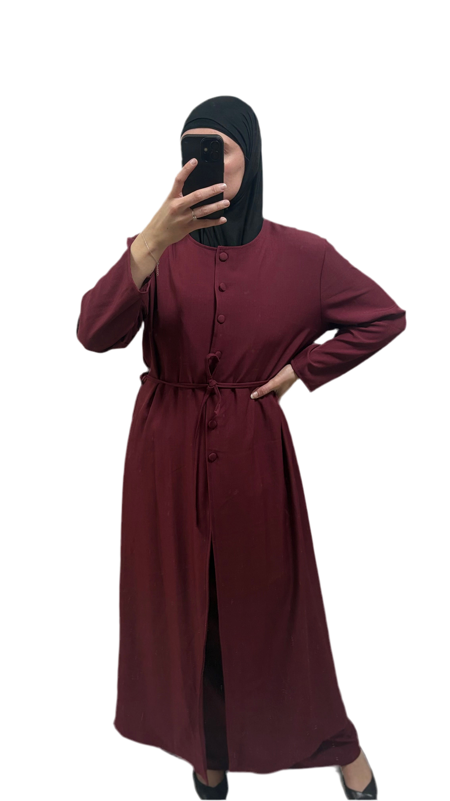Ensemble Long Modeste Bordeaux – Jupe & Haut Boutonné ❤️
