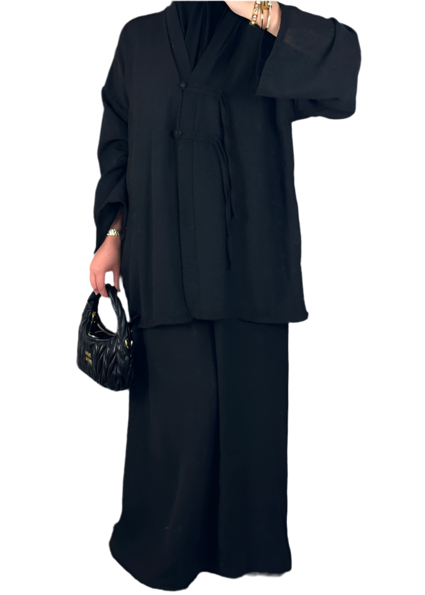 Ensemble Deux Pièces Effet Lin – Haut Long + Jupe noir 🖤