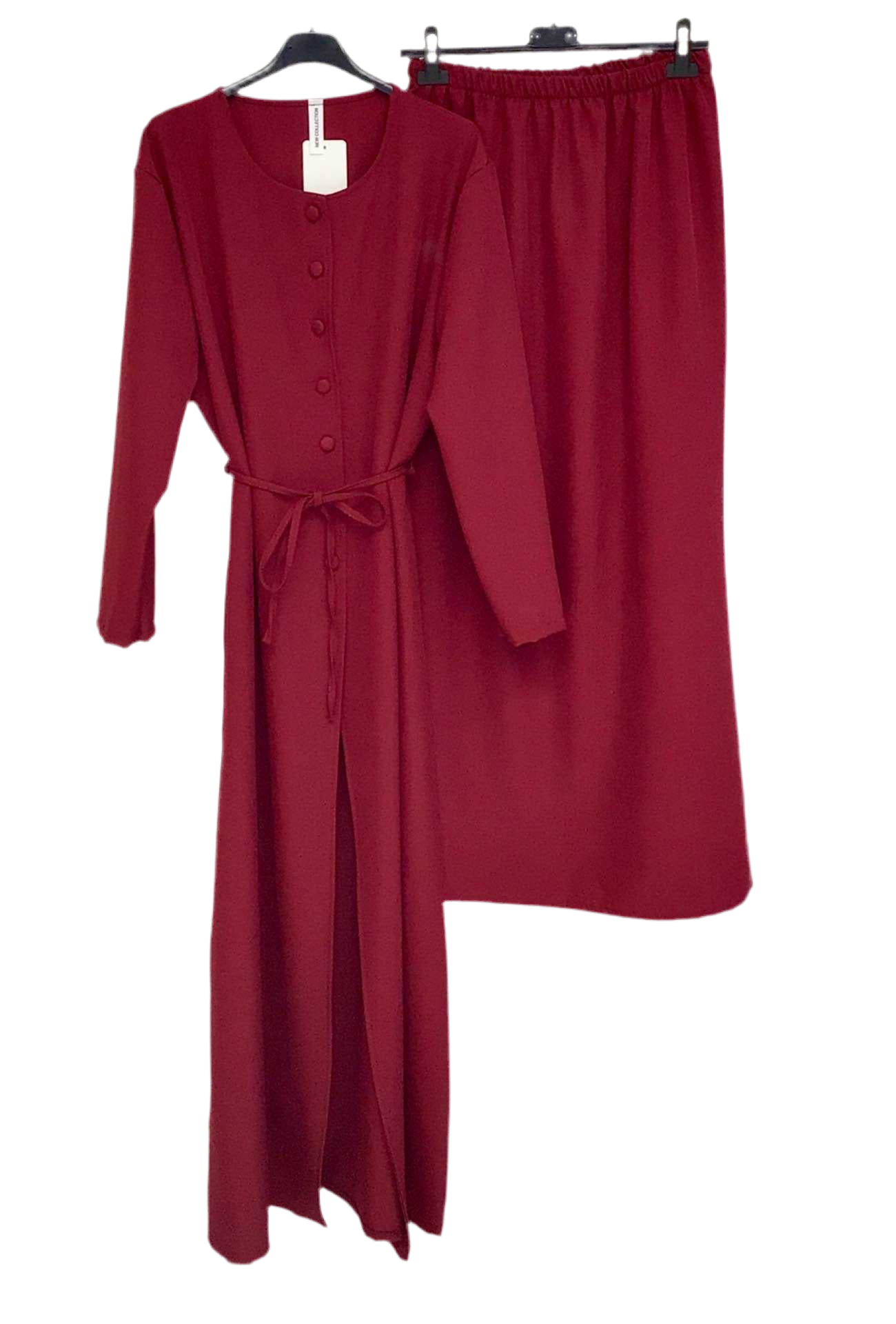 Ensemble Long Modeste Bordeaux – Jupe & Haut Boutonné ❤️