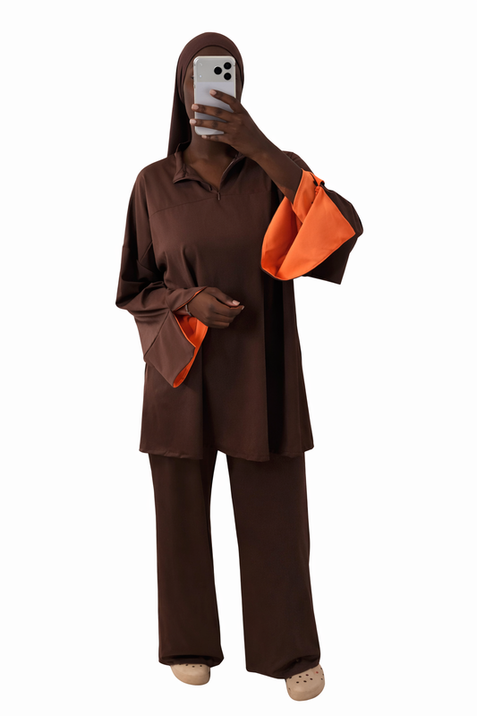 Burkini Amara 3 pièces zip bicolore choco/orange