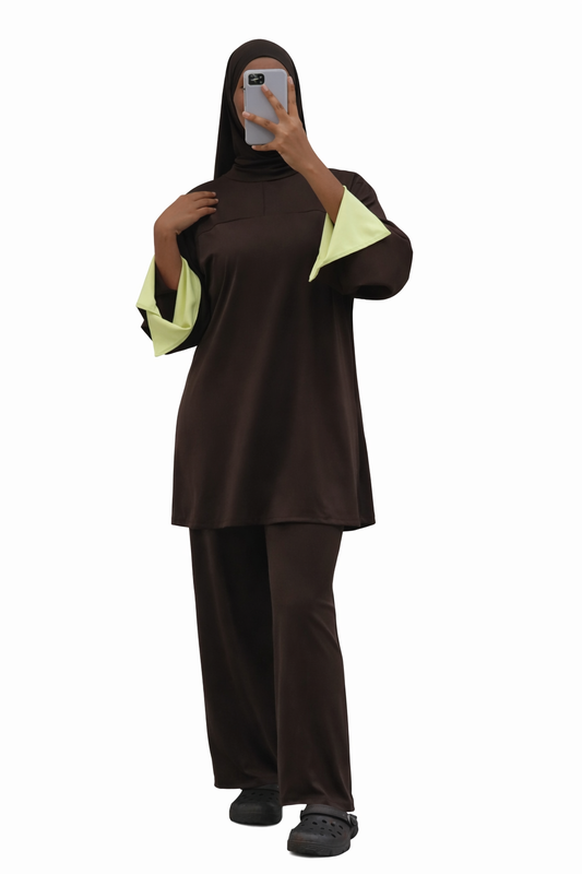 Burkini Amara 3 pièces zip bicolore choco/ vert d’eau