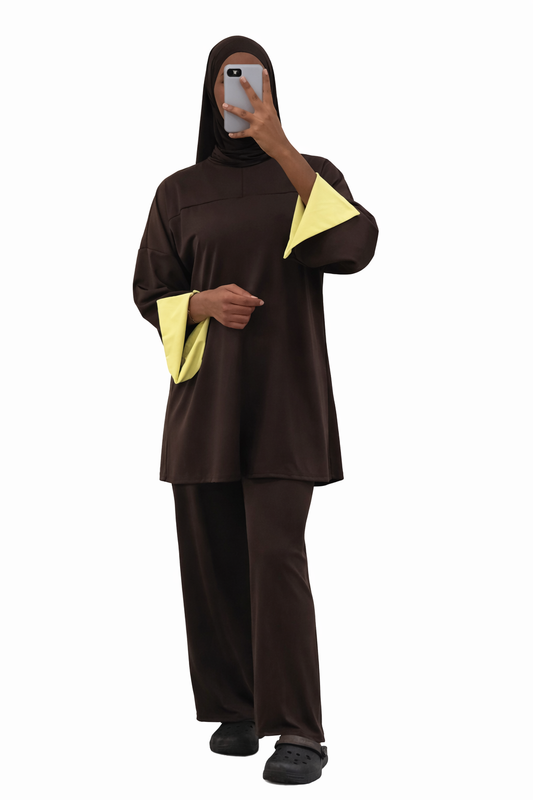 Burkini Amara 3 pièces zip bicolore choco/jaune pale