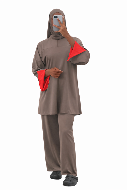 Burkini Amara 3 pièces zip bicolore taupe/rouge