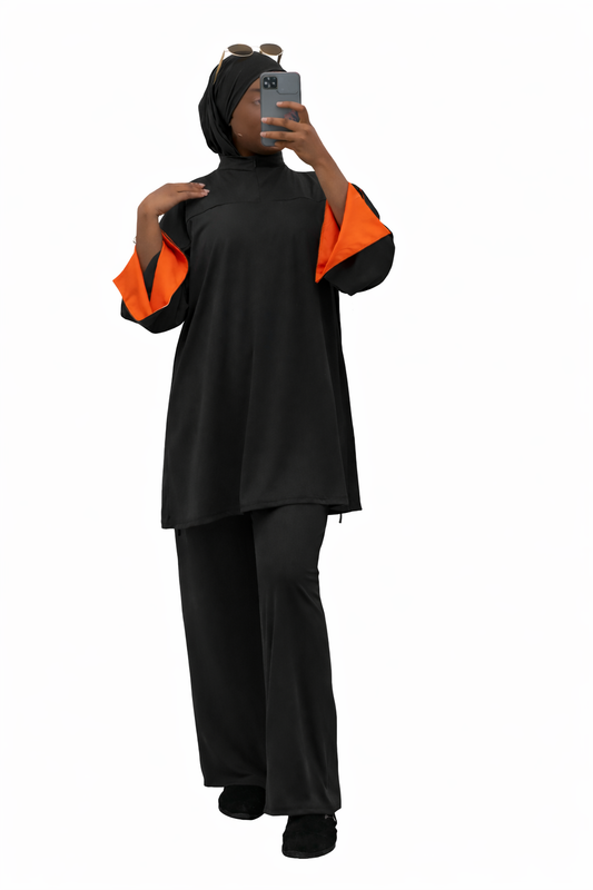 Burkini Amara 3 pièces zip bicolore noir/orange