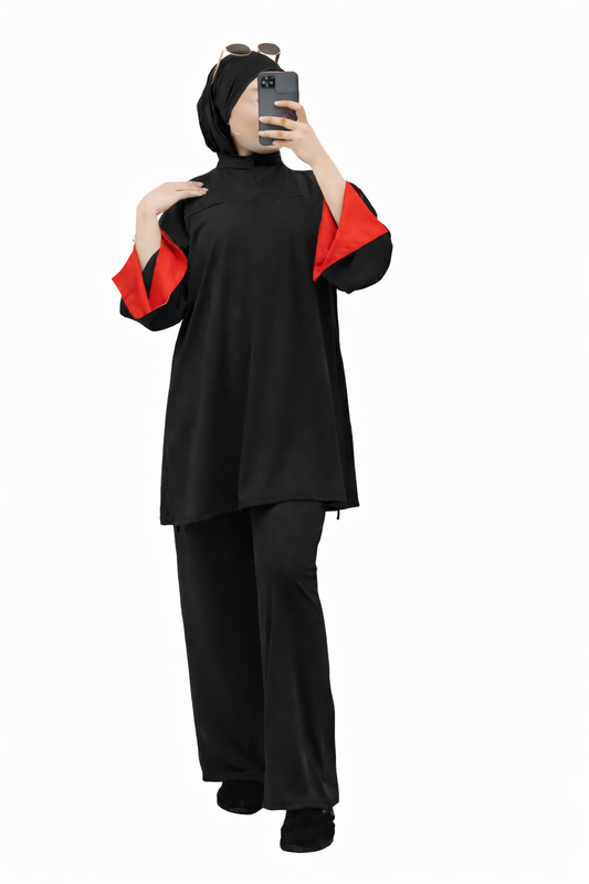 Burkini Amara 3 pièces zip bicolore noir/rouge