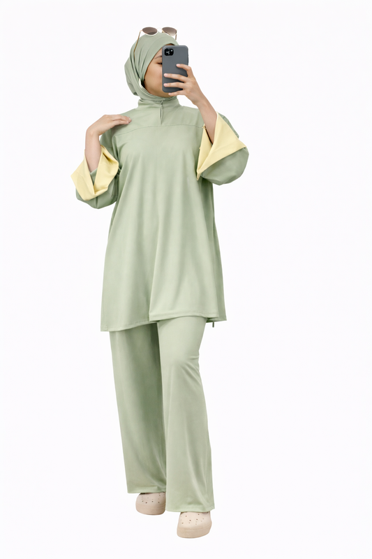 Burkini Amara 3 pièces zip bicolore vert d’eau/jaune