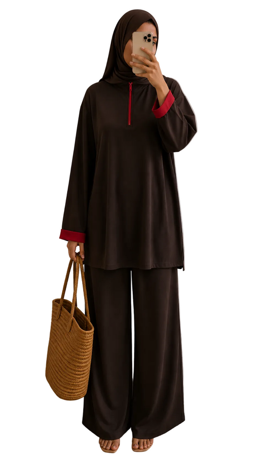 Burkini Perla 3 pièces bicolore zip II choco/rouge