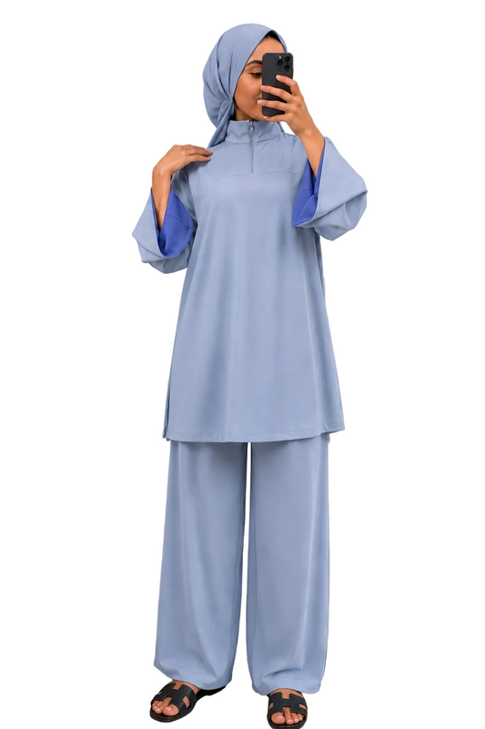 Burkini Amara 3 pièces zip bicolore bleu ciel/ bleu marine