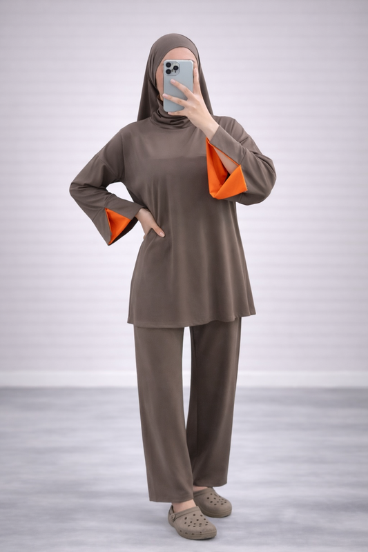 Burkini Amara 3 pièces bicolore taupe/orange