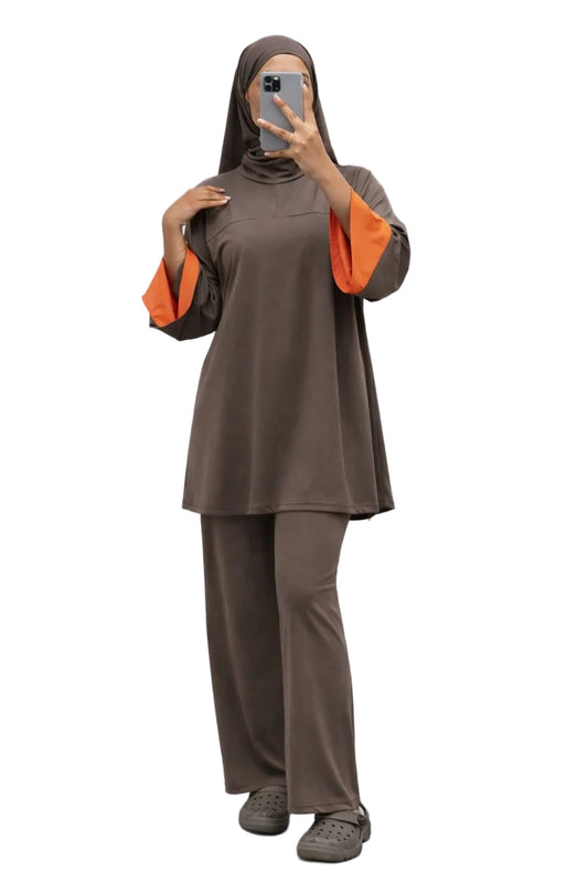 Burkini Amara 3 pièces zip bicolore taupe/orange
