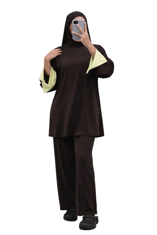 Burkini Amara 3 pièces zip bicolore choco/ vert d’eau