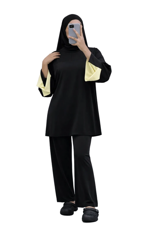 Burkini Amara 3 pièces zip bicolore noir/jaune pale