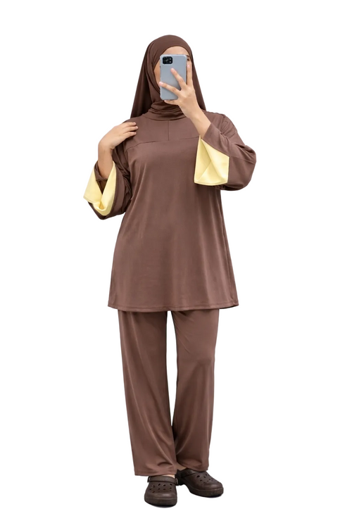 Burkini Amara 3 pièces zip bicolore taupe/jaune pale