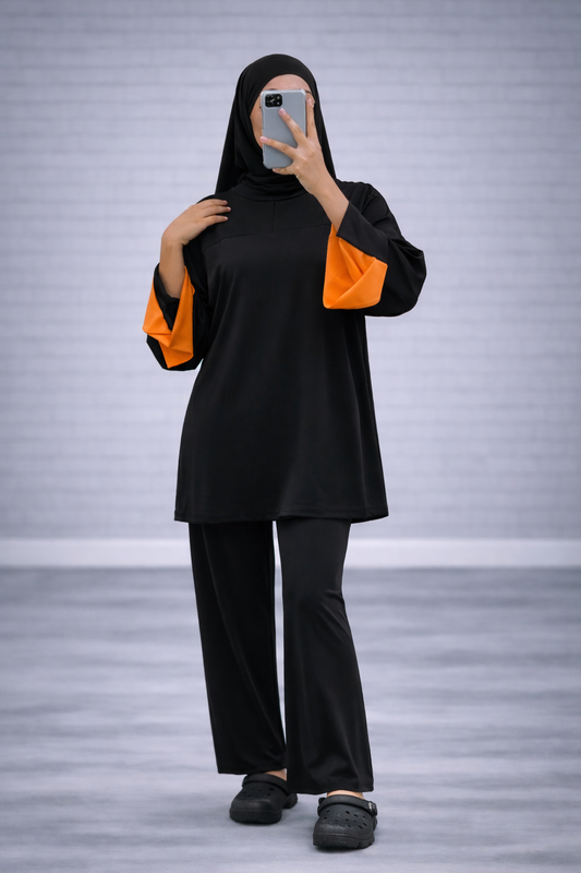 Burkini Amara 3 pièces zip bicolore noir/orange